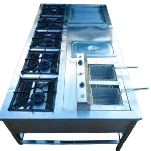 Stainless Steel Combine Cooker (5-Burner with Hot Plate, Double Fryer & Chips Dumpers)